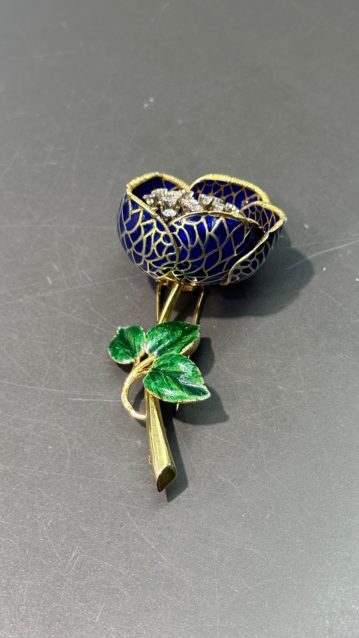 Vintage 14K Gold Diamond Plique-A-Jour Enamel ‘En Tremblant” Flower