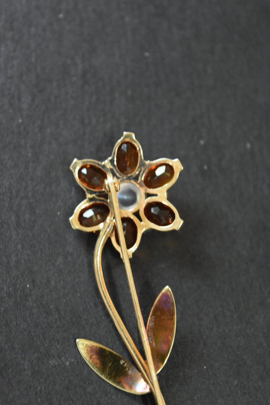 Vintage 14K Gold Citrine and Moonstone Daisy Flower Brooch