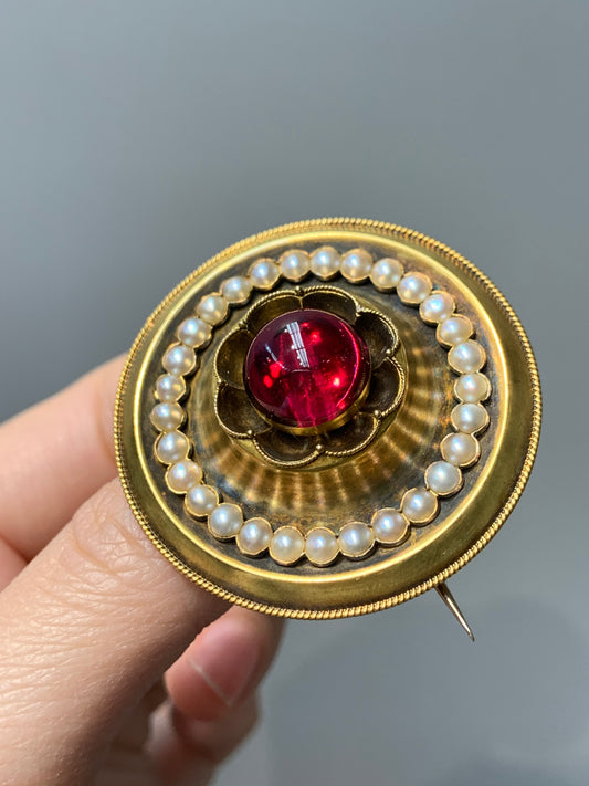 Victorian 14K Gold Almandine Garnet and Seed Pearl Brooch