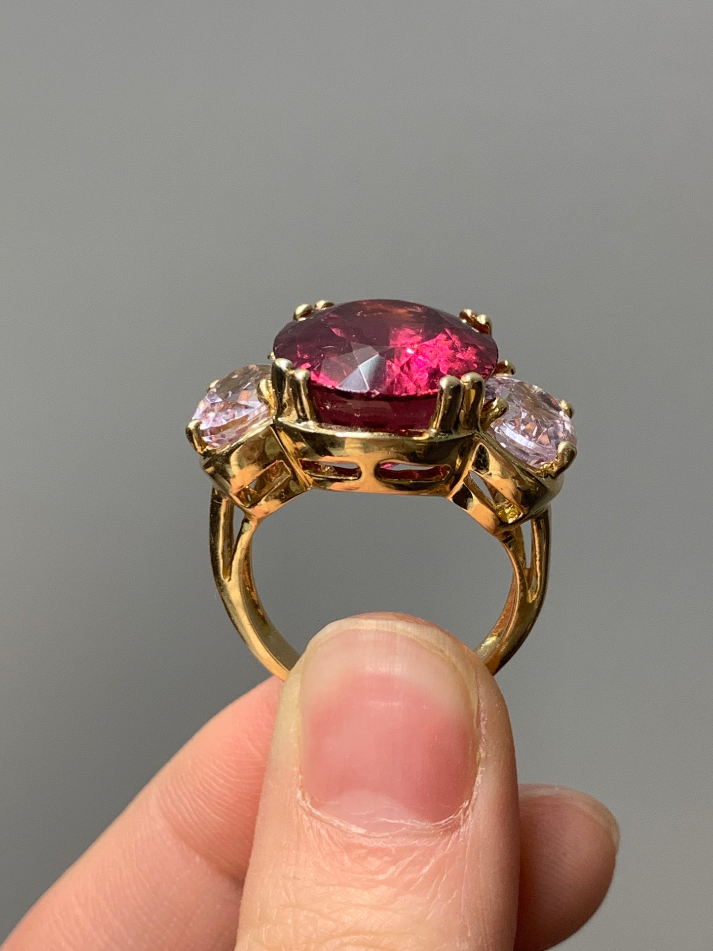 14K Gold Pink Tourmaline and Kunzite Three Stone Ring