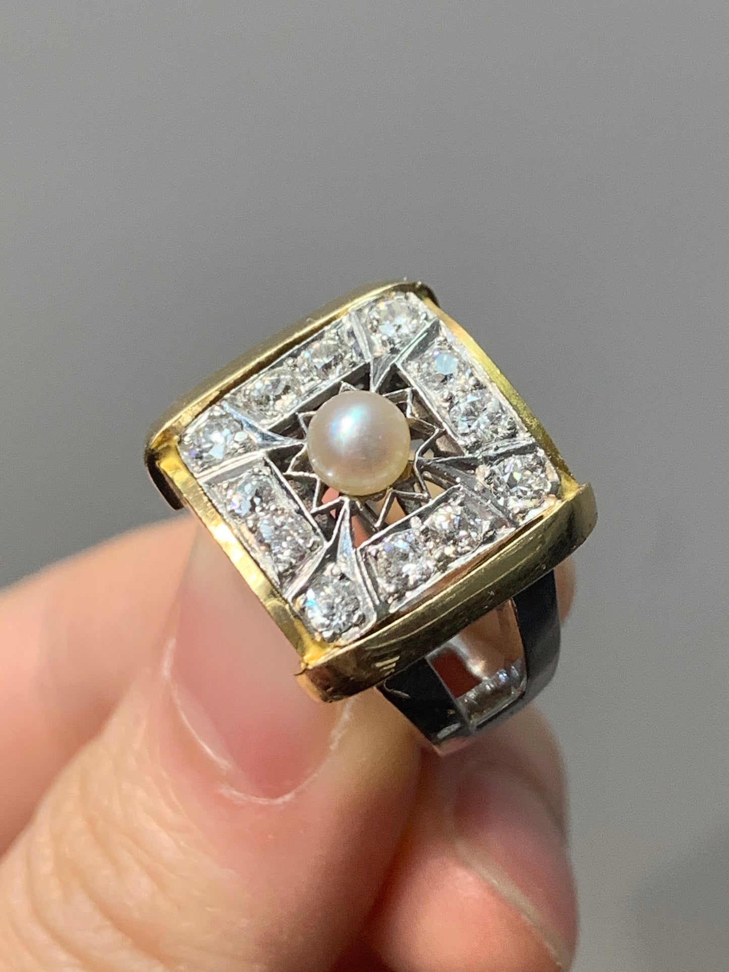 Vintage Platinum 18K Gold Square Saltwater Pearl and Diamond Ring