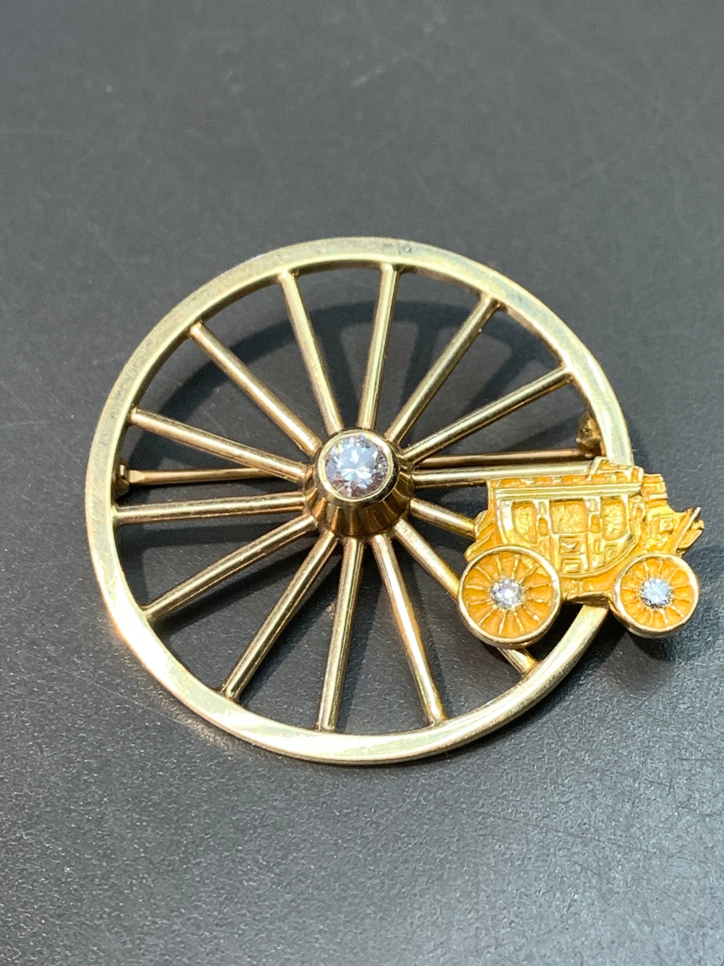 Vintage 14K Gold Tiffany & Co Stage-Wheel Coach Diamond Brooch