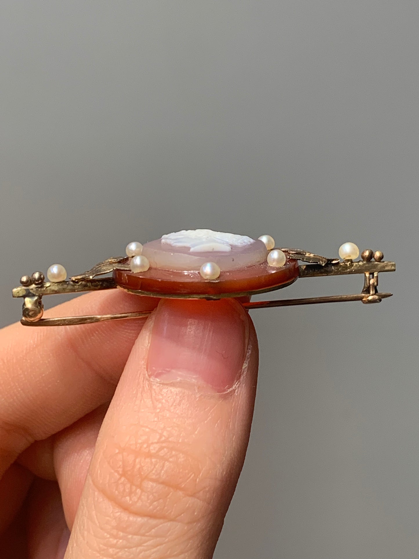 Victorian 14K Gold Hard Stone Cameo Pearl Bar Brooch