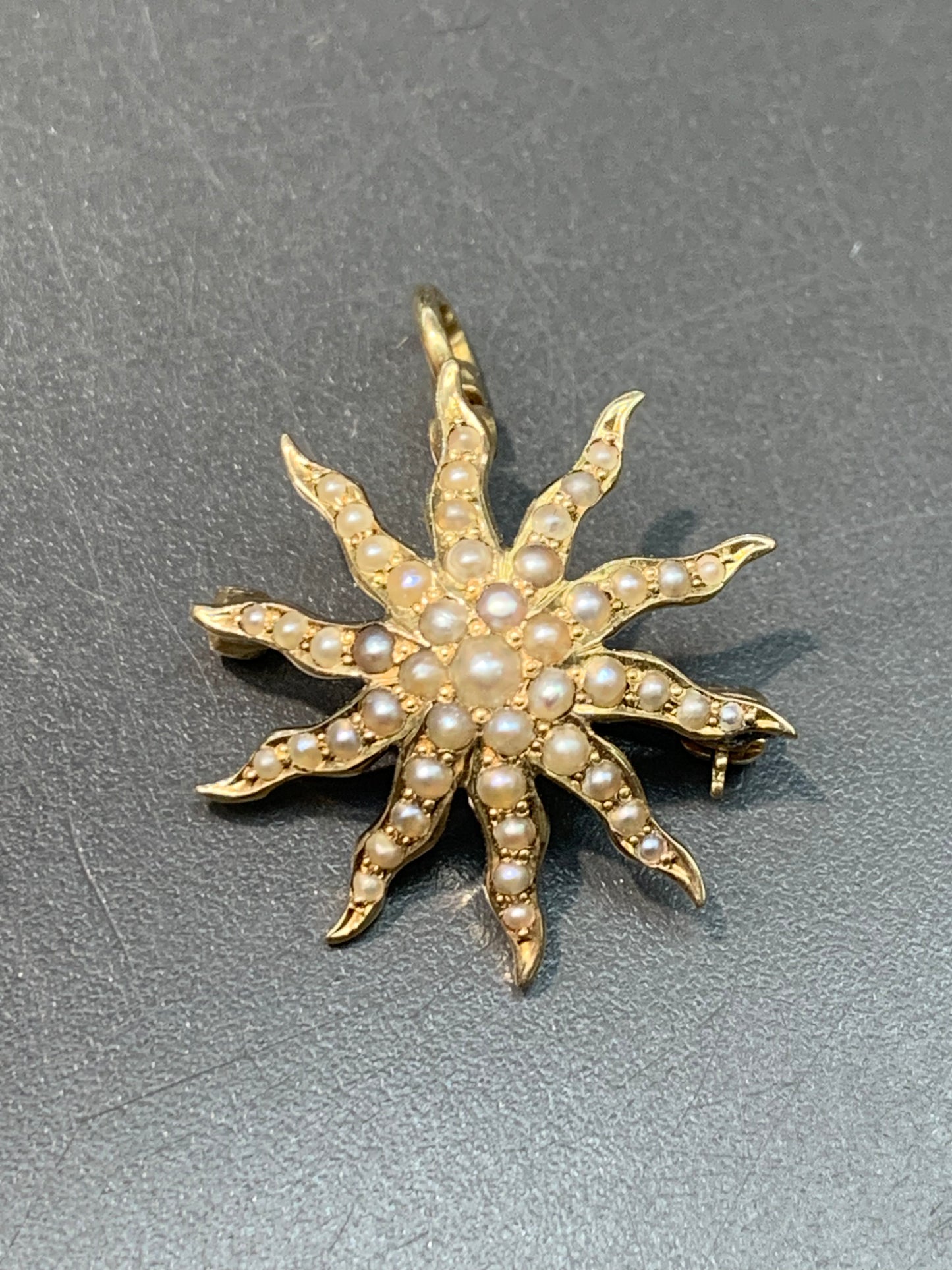 Victorian 14K Gold Seed Pearl Star Burst Pendant Brooch