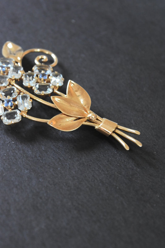 Vintage 14K Gold Aquamarine And Sapphire Cluster Three Flower Bouquet Brooch