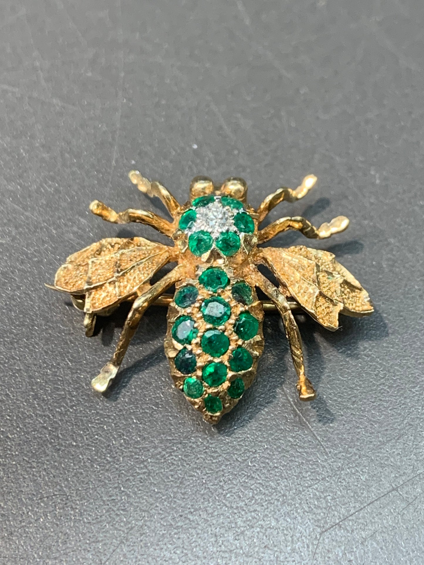 Vintage 14K Gold Emerald Diamond Bee Pendant Brooch