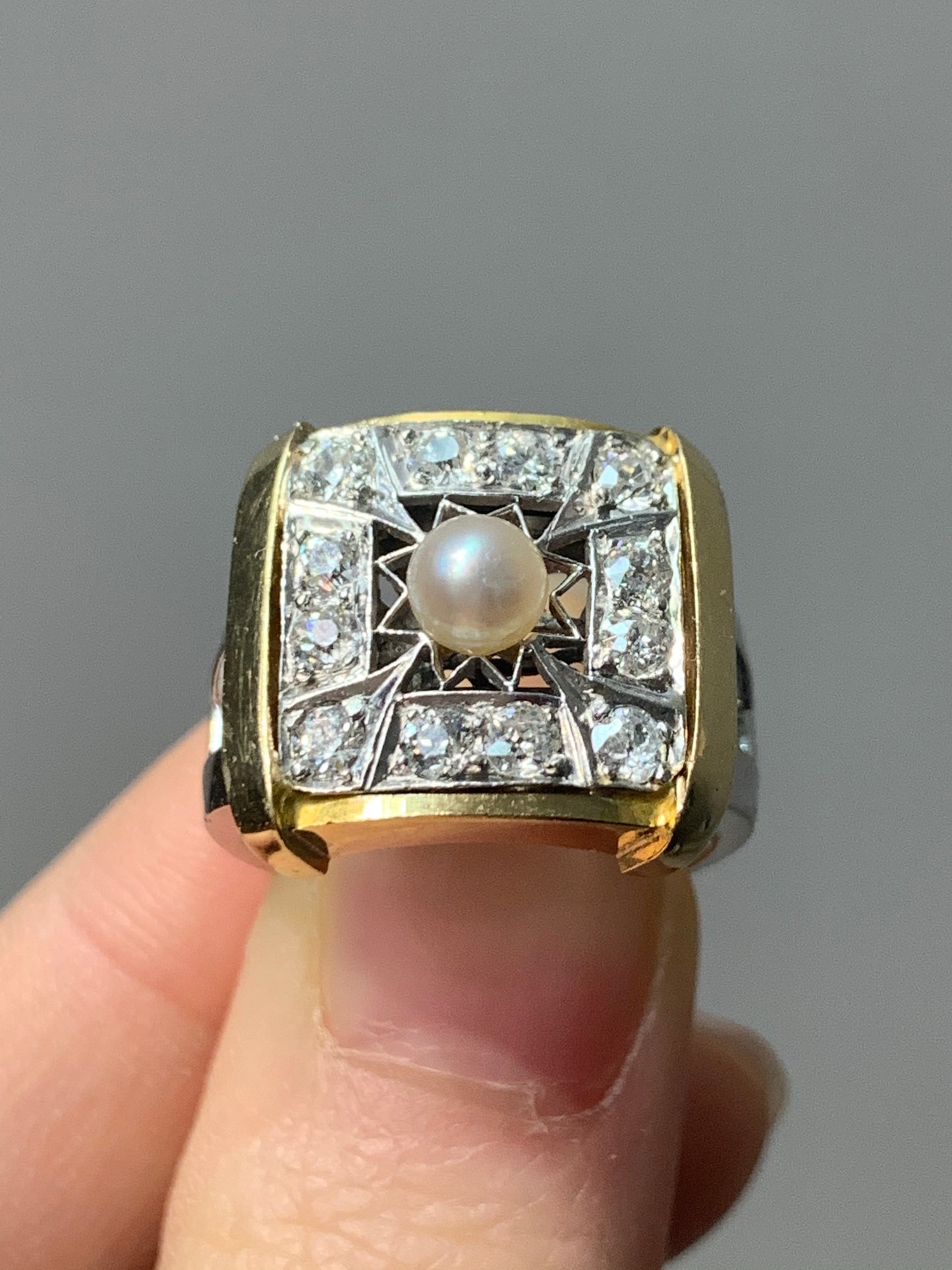 Vintage Platinum 18K Gold Square Saltwater Pearl and Diamond Ring