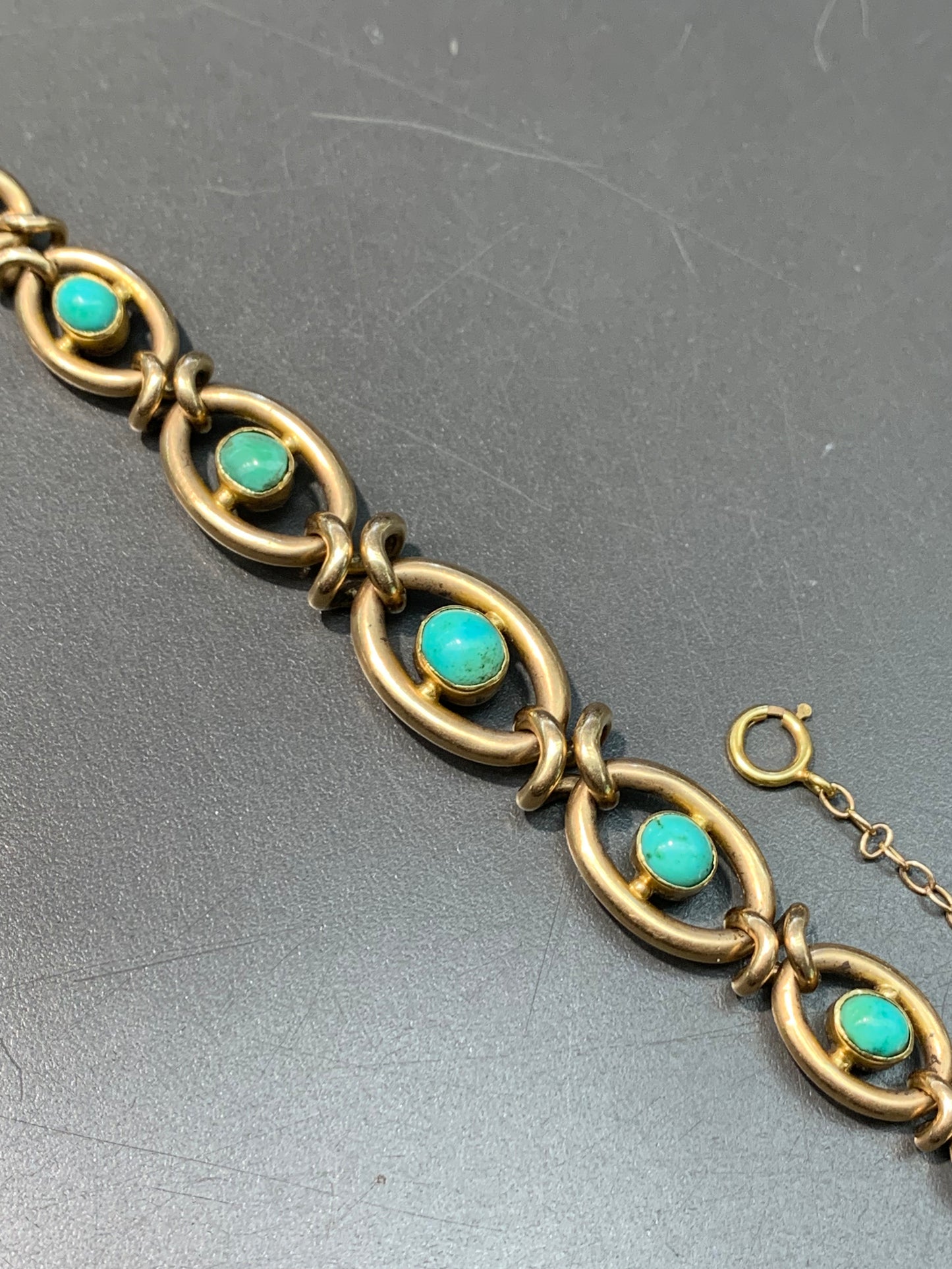 Victorian 15K Gold Natural Turquoise Curb Link Bracelet