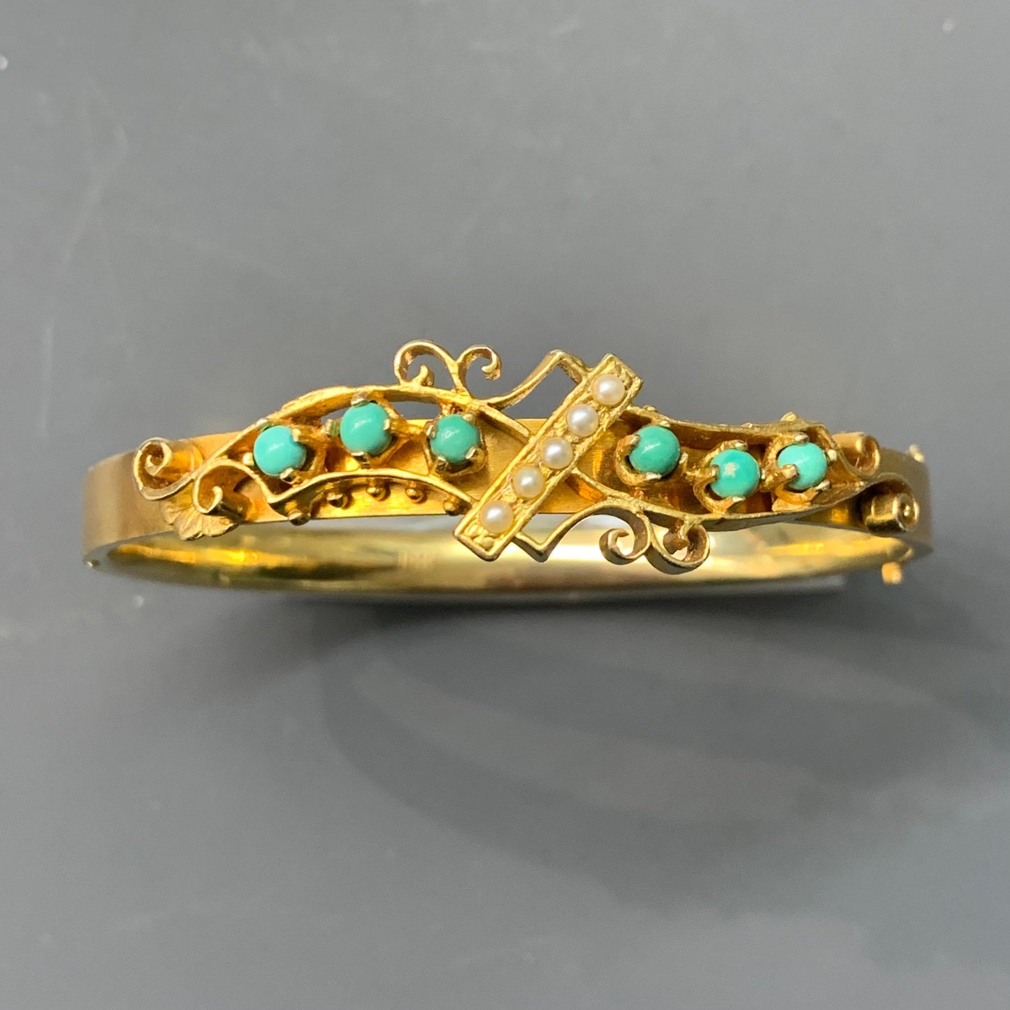 Antique Victorian 14K Gold Turquoise and Seed Pearl Bracelet Bangle