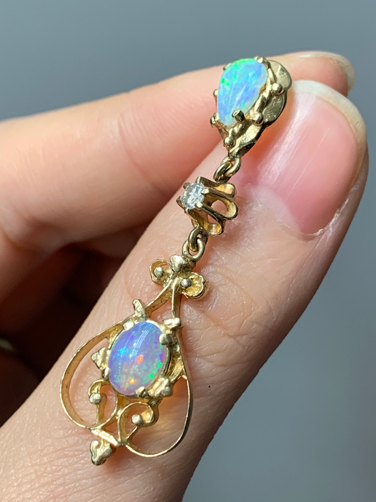 Victorian 14K Gold Opal and Diamond Drop Earring