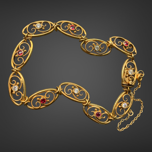 Bracelet antique français en filigrane de rubis et de diamants en or 18 carats