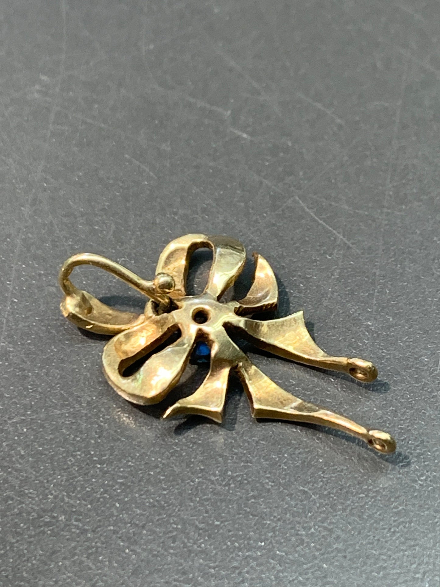 Victorian 14K Gold Seed Pearl and Sapphire Ribbon Charm