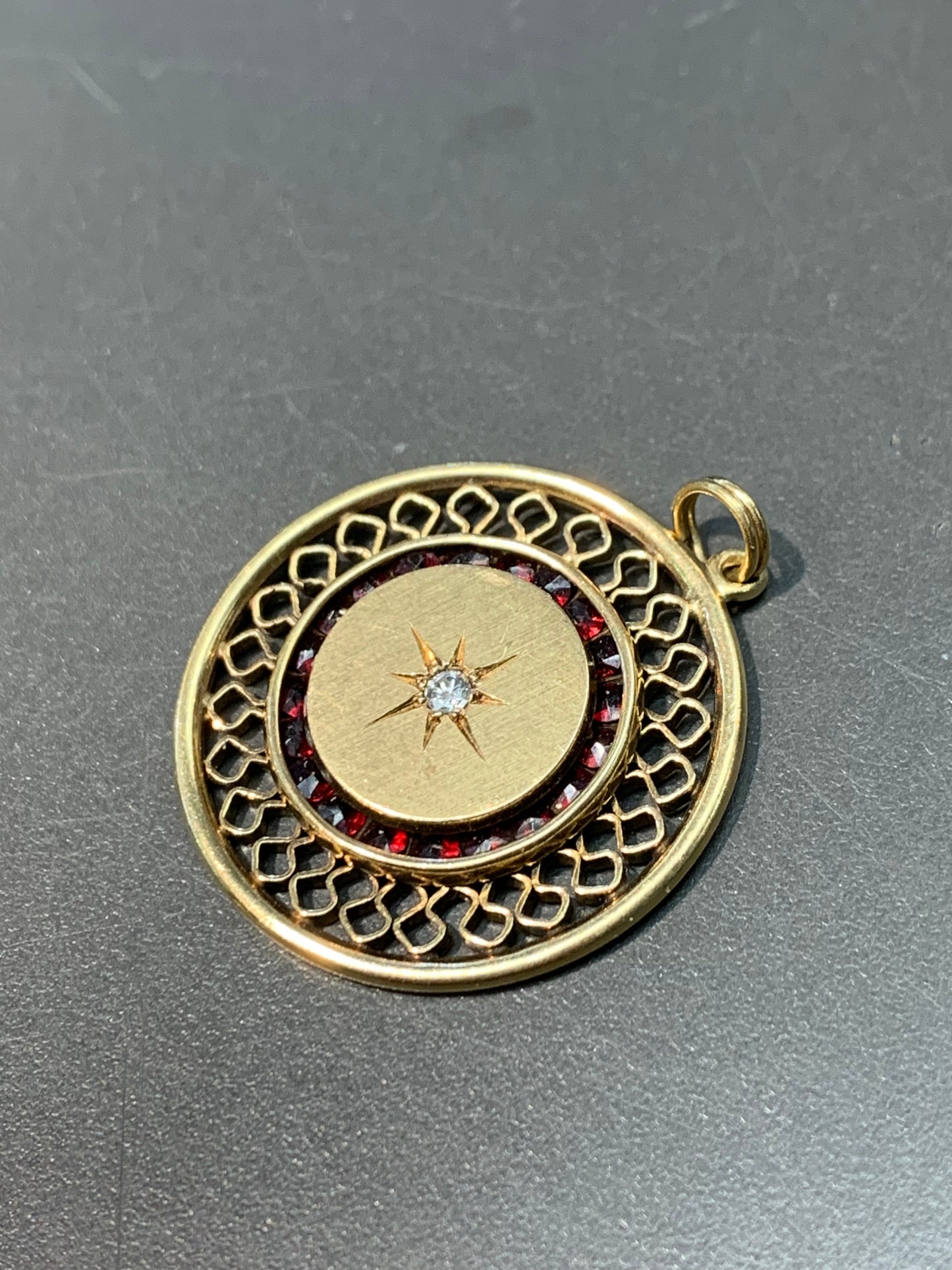 Victorian 14K Gold Starburst Diamond and Calibre Cut Garnet Pendant