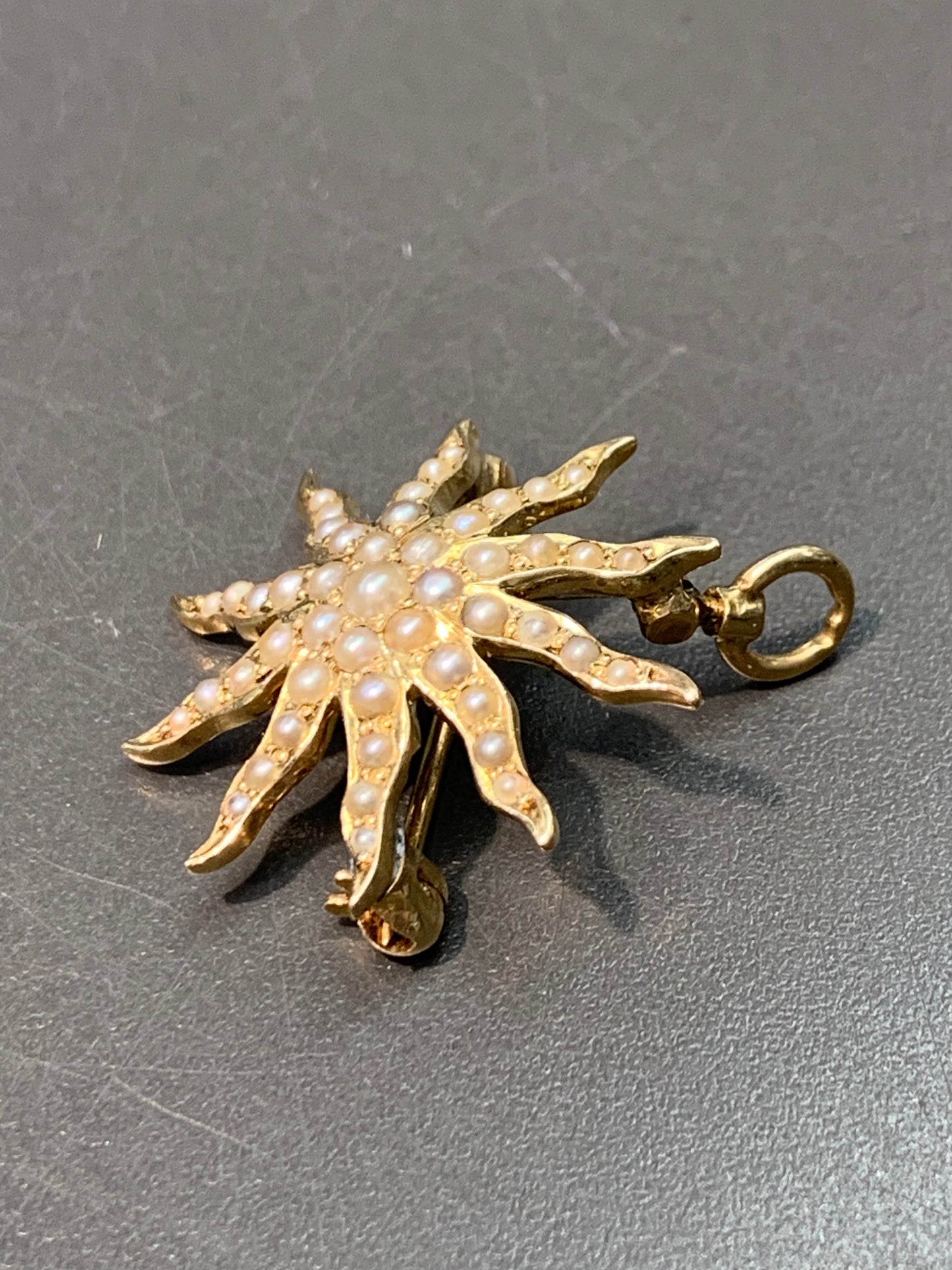 Victorian 14K Gold Seed Pearl Star Burst Pendant Brooch