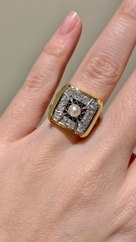 Bague vintage en platine avec perles d'eau salée carrées et diamants en or 18 carats