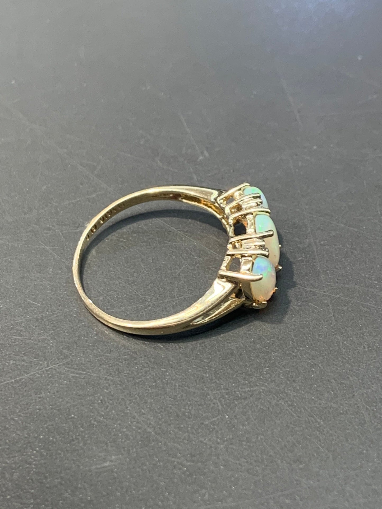 14K Gold Three Stone Opal Cabochon and Diamond Ring