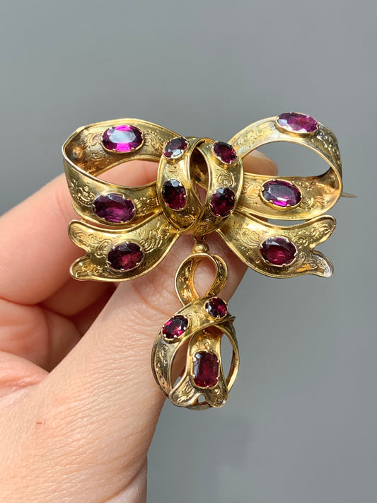 Victorian 14K Gold Almandine Garnet Bow Brooch