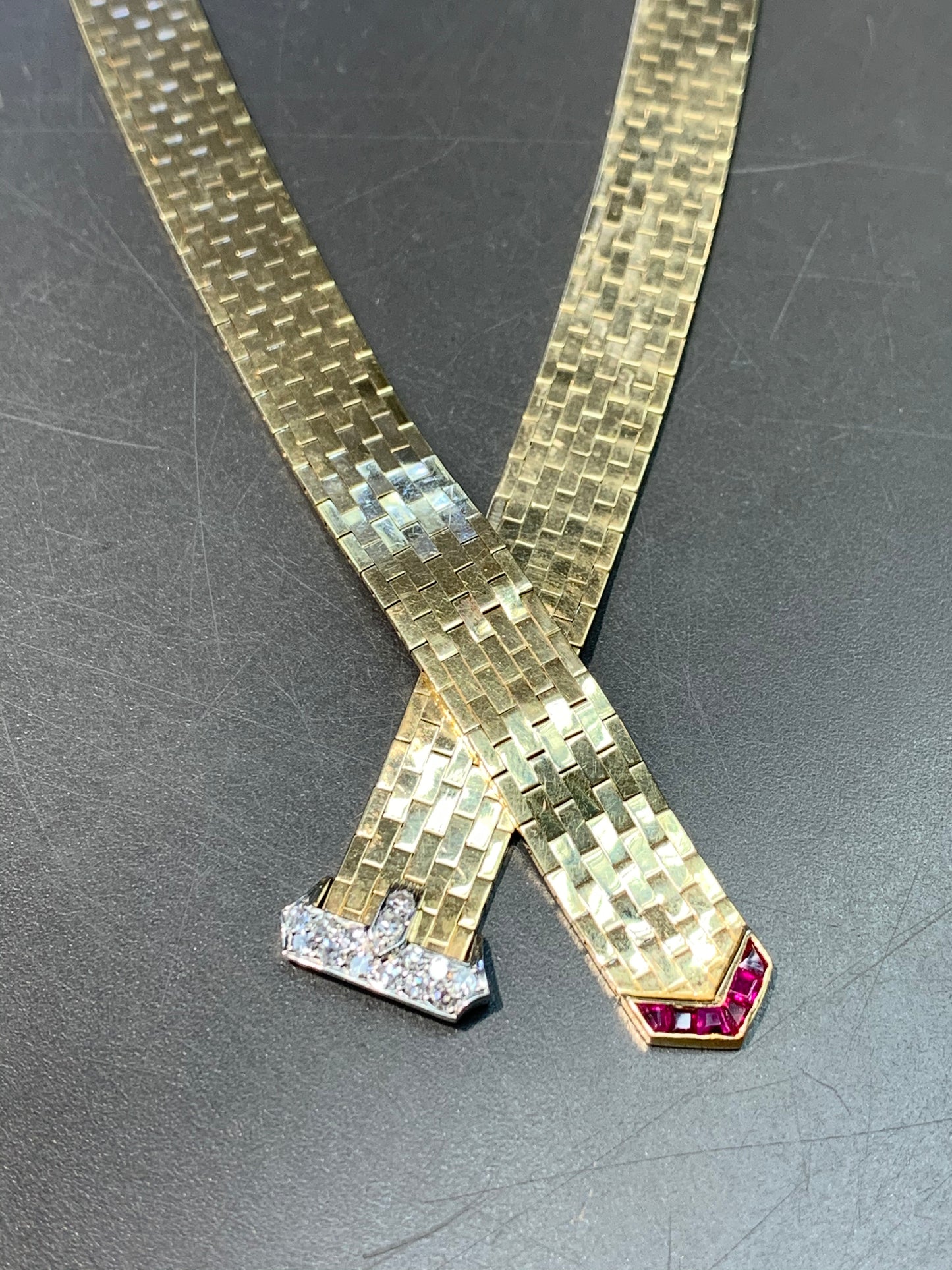 Retro 14K Gold Ruby and Diamond Buckle Belt Necklace