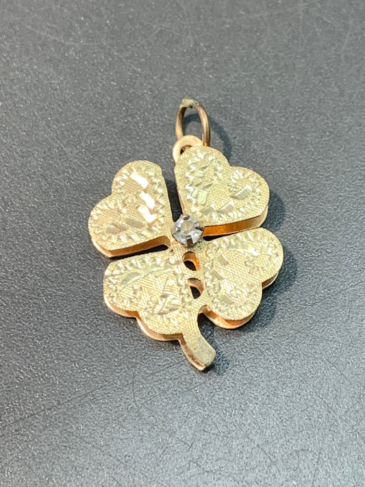 Vintage 14K Yellow Gold Paste Double Four Leaf Clover Charm