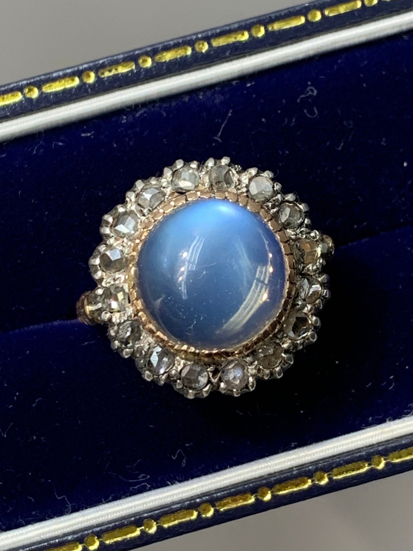 Georgian 14K Gold Topped Silver Moonstone and Rose Cut Diamond Ring