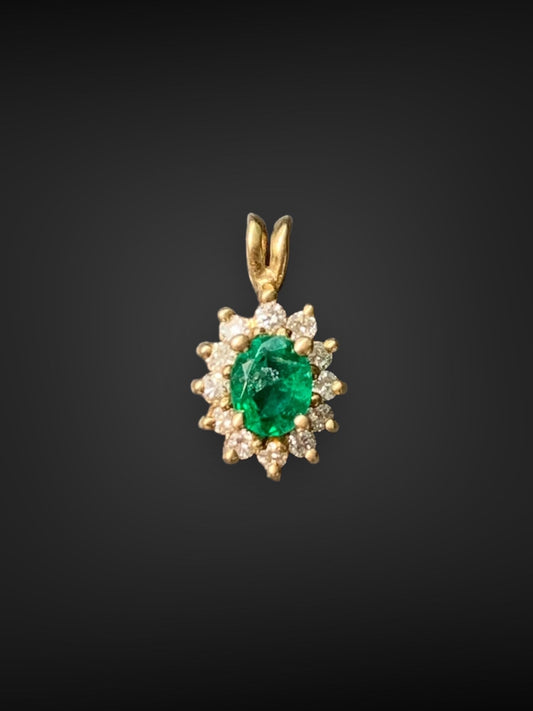 14K Gold Emerald and Diamond Halo Pendant