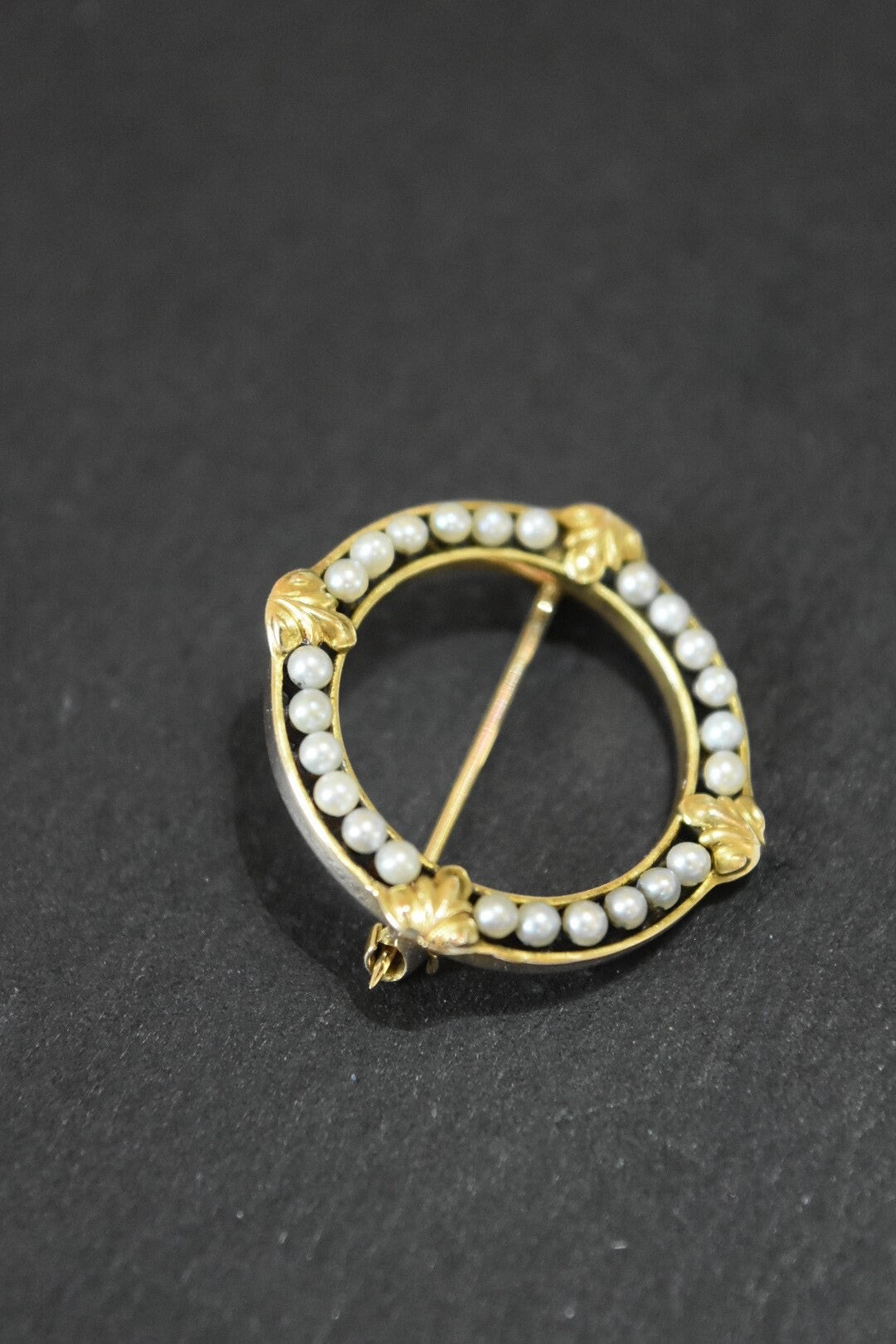 Art Nouveau 14K Gold Seed Pearl Circle Brooch