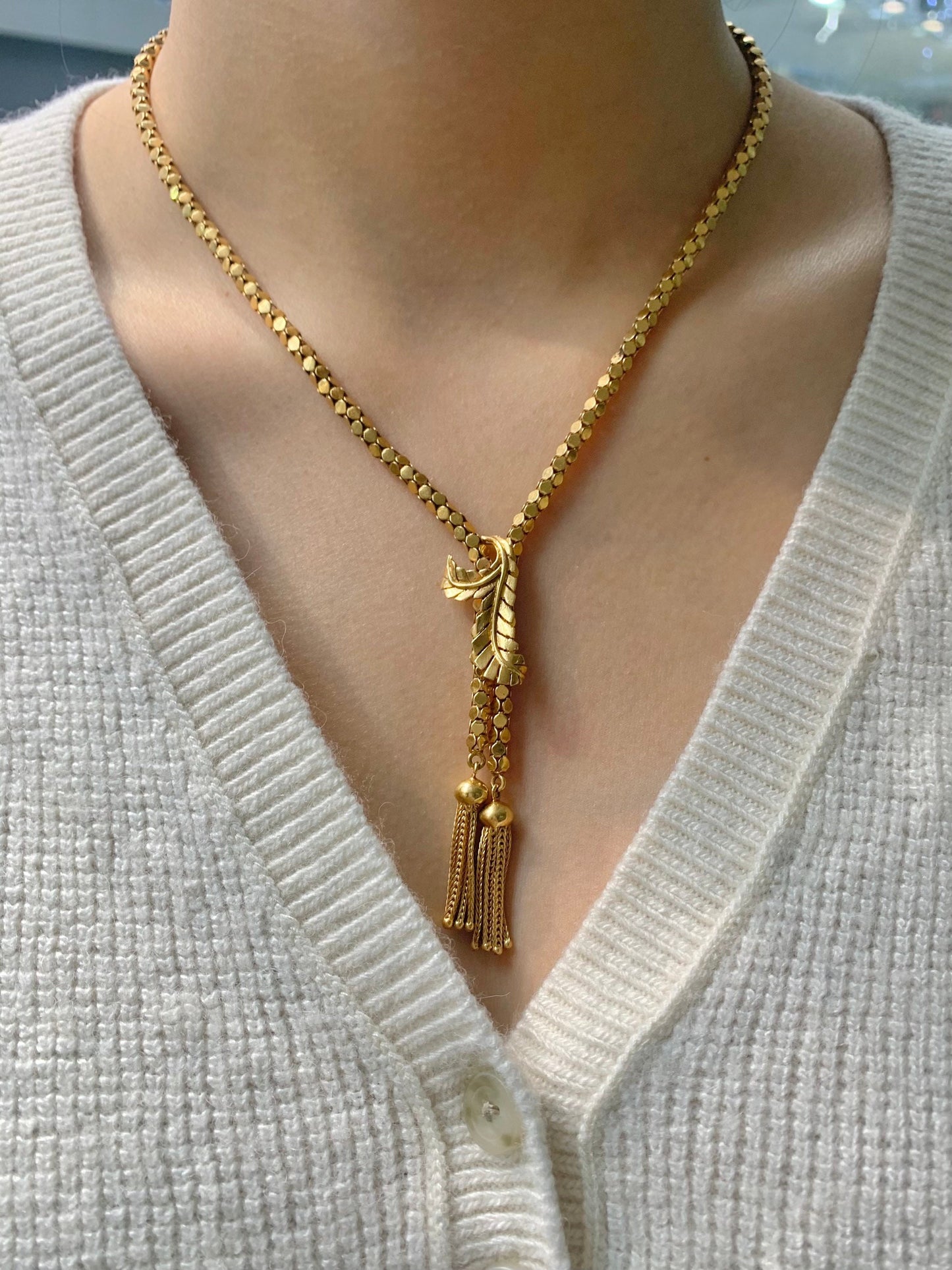 Retro 18K Gold Diamond Cut Popcorn Chain Tassel Necklace