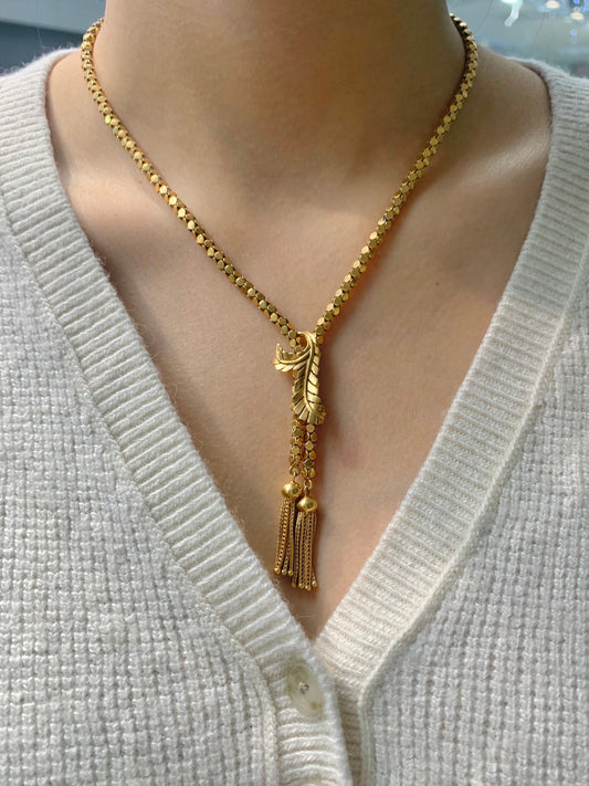 Retro 18K Gold Diamond Cut Popcorn Chain Tassel Necklace