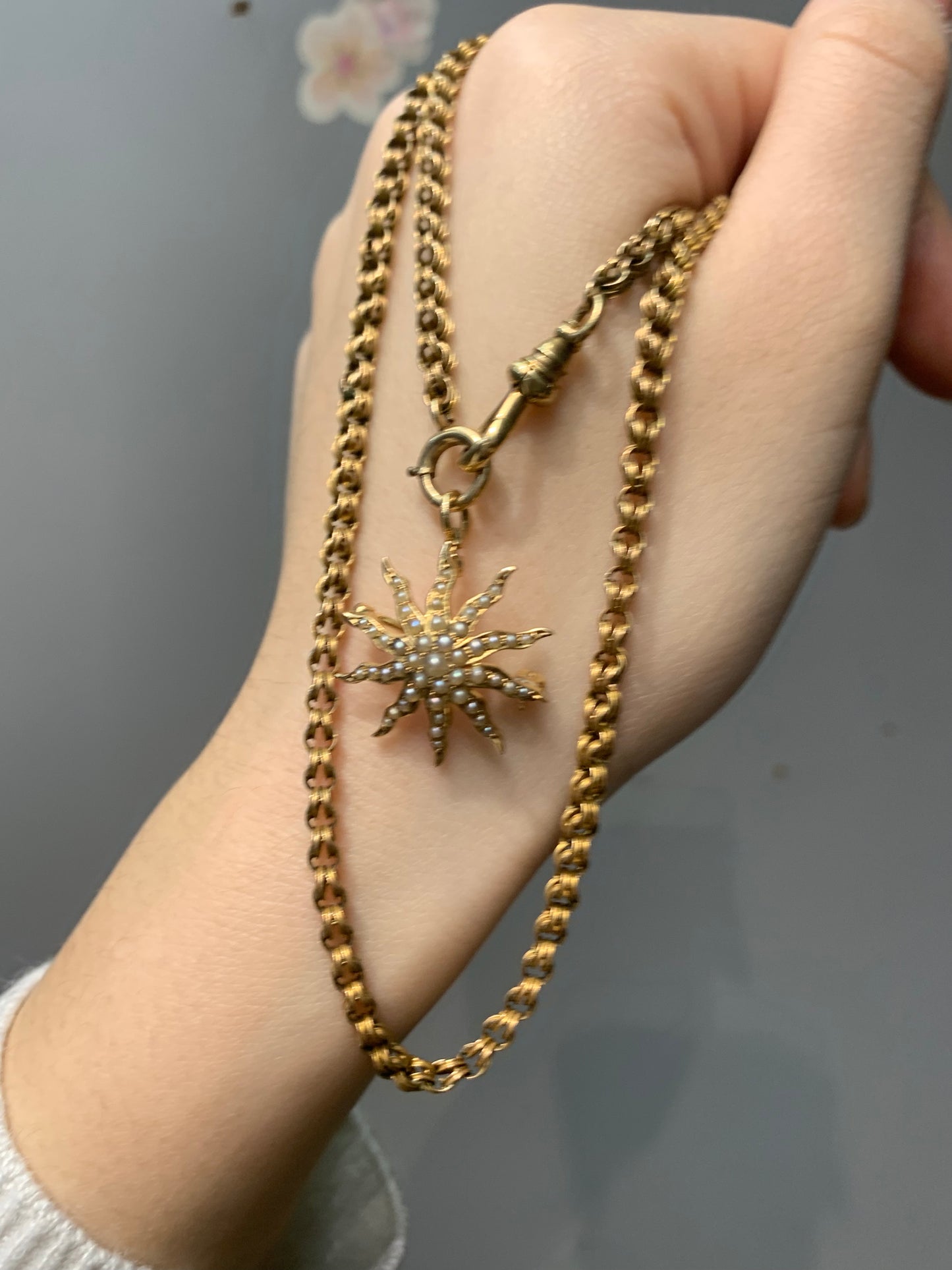 Victorian 14K Gold Seed Pearl Star Burst Pendant Brooch