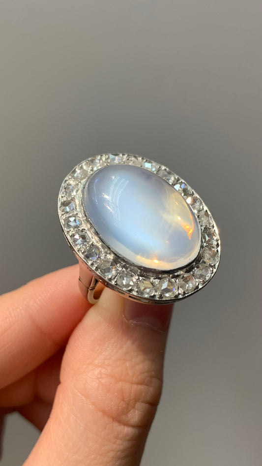 Edwardian 14K Gold Moonstone and Rose Cut Diamond Statement Ring