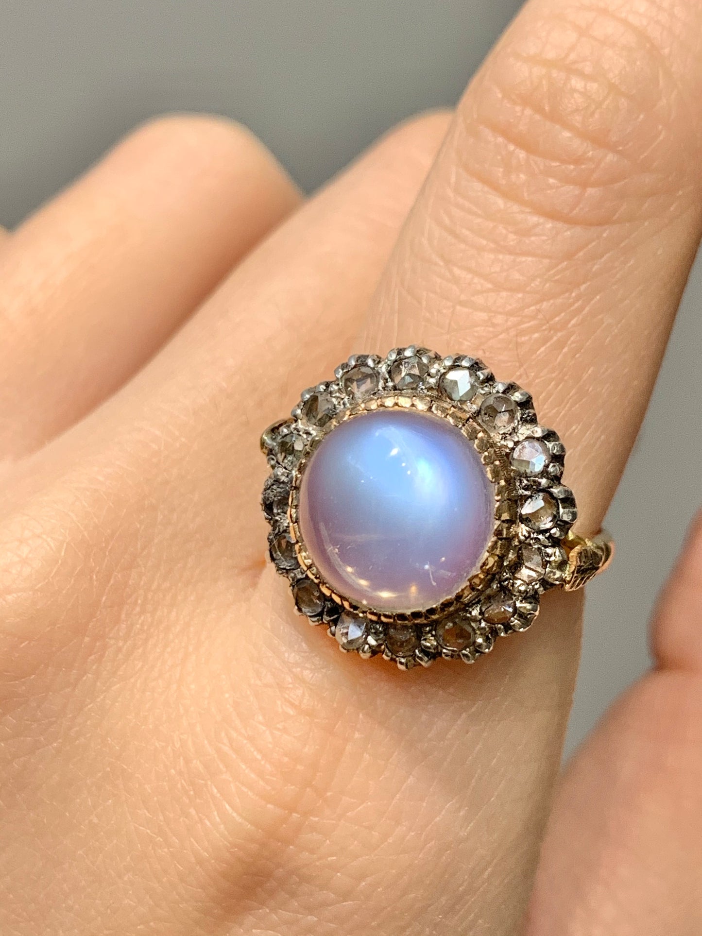 Georgian 14K Gold Topped Silver Moonstone and Rose Cut Diamond Ring