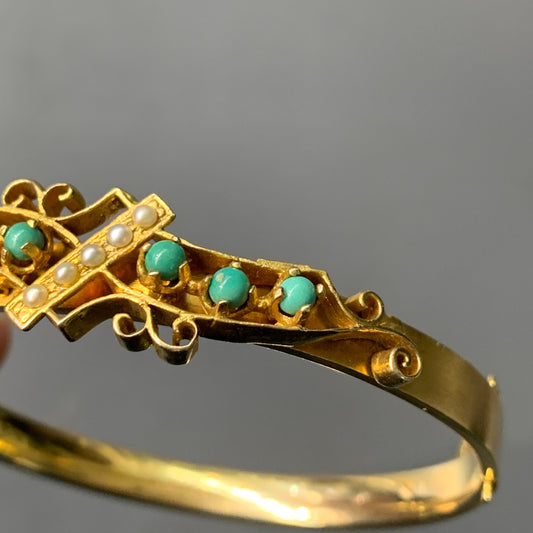 Bracelet victorien antique en or 14 carats turquoise et perles de graines