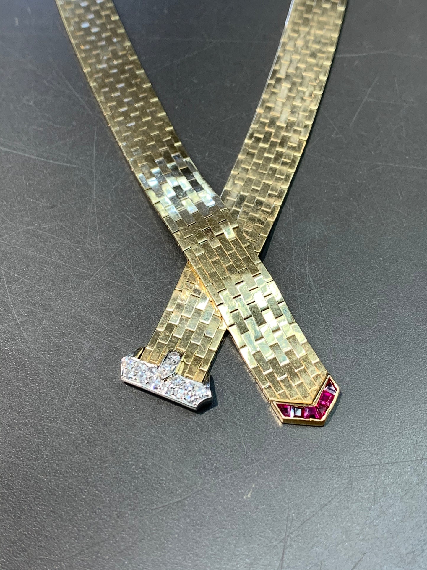 Retro 14K Gold Ruby and Diamond Buckle Belt Necklace