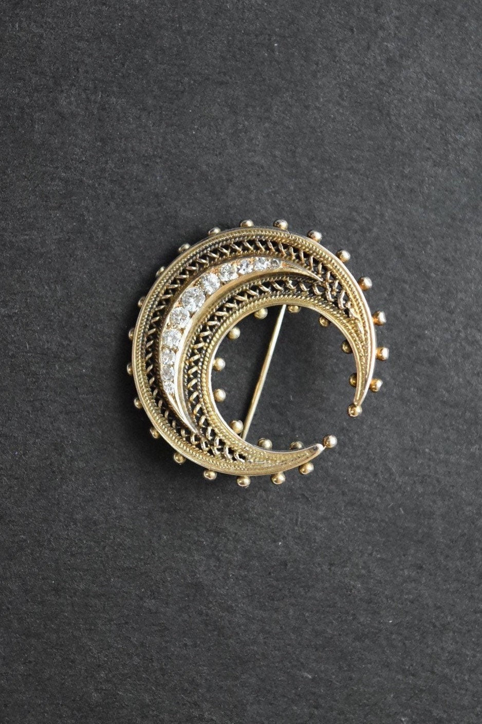 Victorian 15CT Gold Old Cut Diamond Crescent Brooch