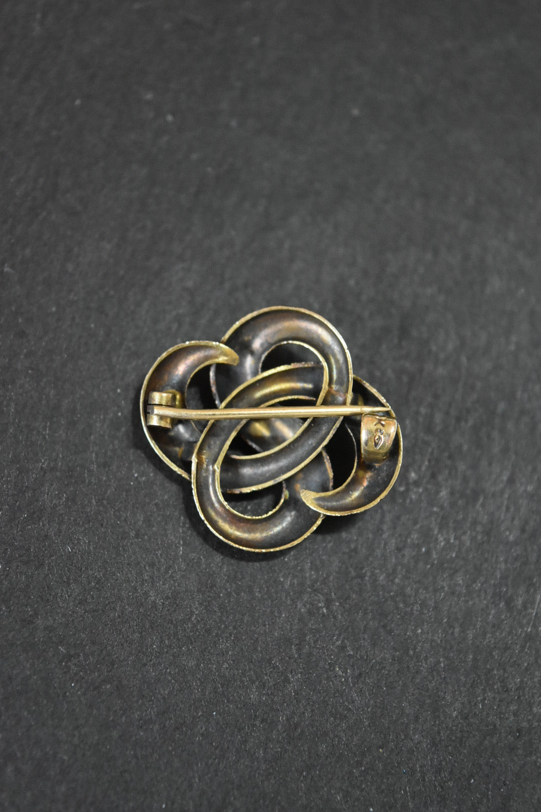 Art Nouveau 14K Gold Enamel Flower and Leafy Love Knot Brooch