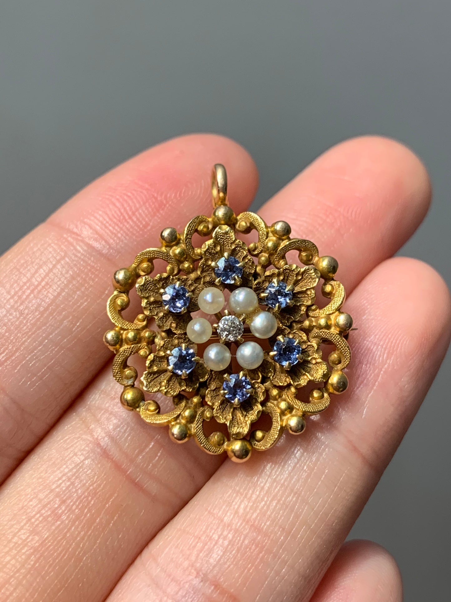 Art Nouveau 14K Gold Krementz & Company Sapphire Pearl and Diamond Flower Brooch 1st Term Payment