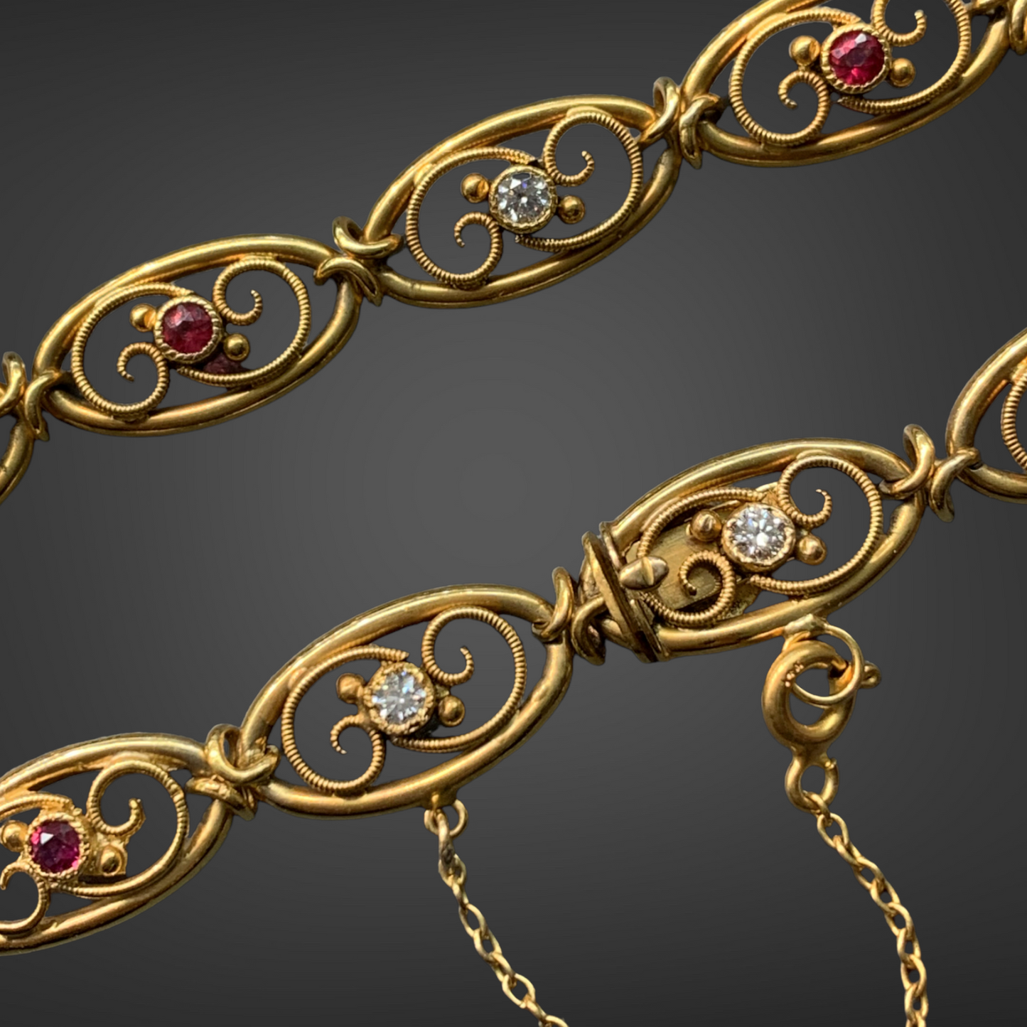 Antique French 18K Gold Ruby and Diamond Filigree Bracelet