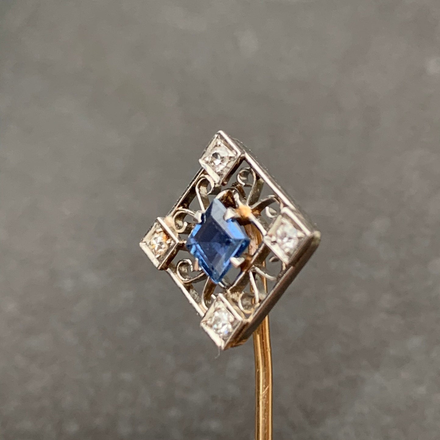 Art Deco Platinum Sapphire Diamond Square Stick Pin