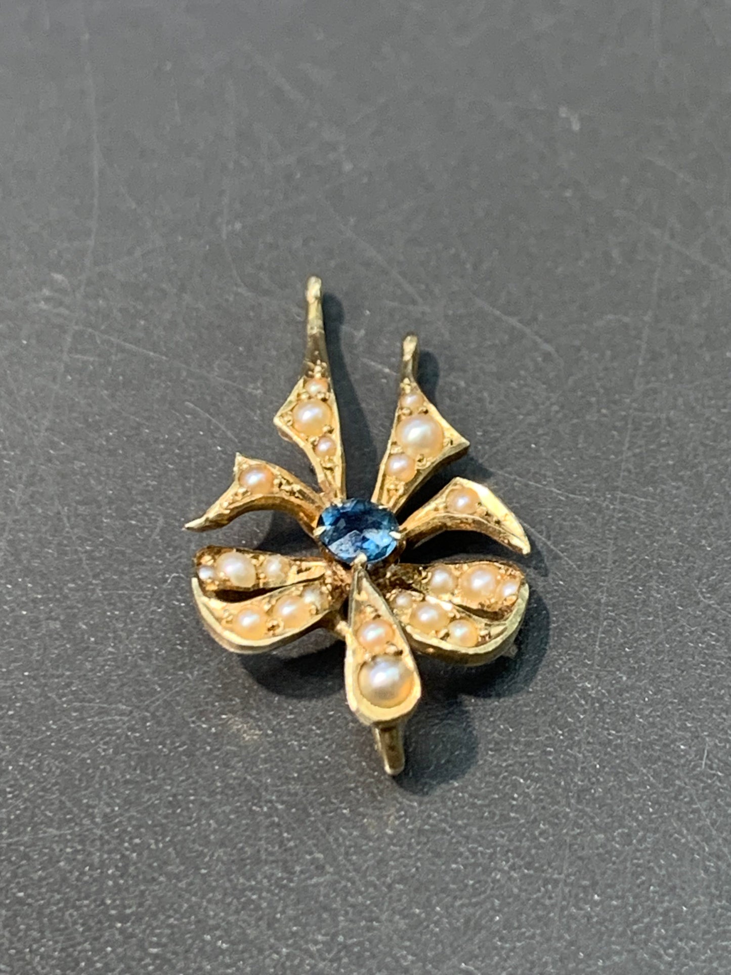 Victorian 14K Gold Seed Pearl and Sapphire Ribbon Charm