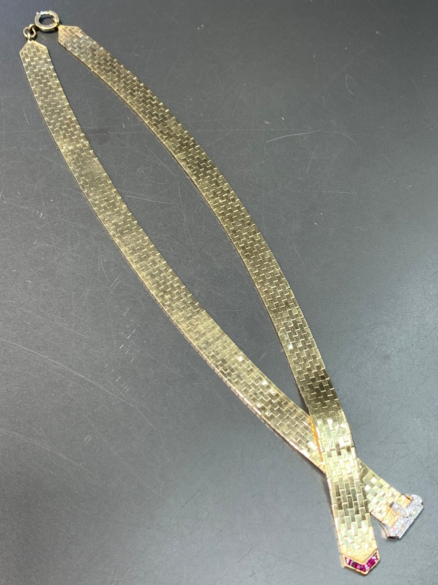 Retro 14K Gold Ruby and Diamond Buckle Belt Necklace