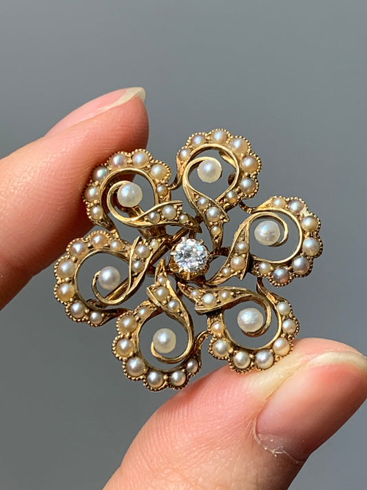 Art Nouveau 14K Gold Spiral Flower Diamond and Seed Pearl Pendant Brooch