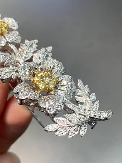 复古 18K 金白钻和黄钻簇花茎胸针