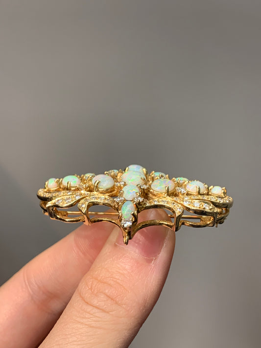 Vintage 14K Gold Opal Cabochon and Diamond  Brooch