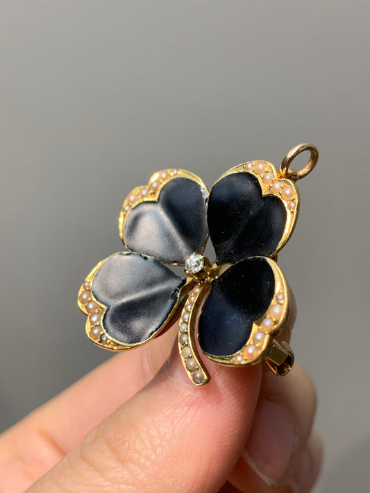 新艺术风格 14K 金 Krementz &amp; Company 黑色珐琅钻石珍珠四叶草胸针吊坠
