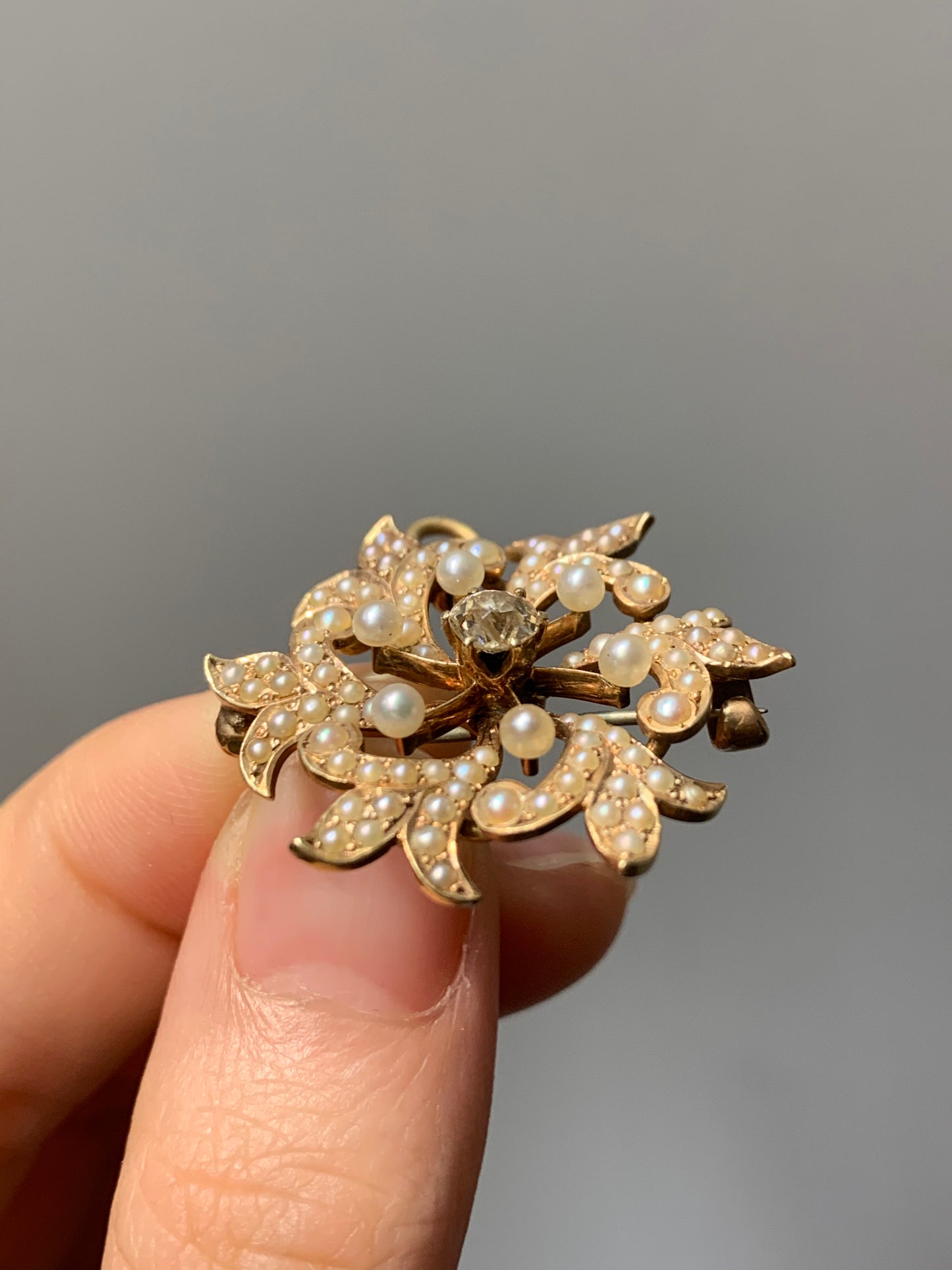 Art Nouveau 14K Gold Crane and Theurer Diamond and Seed Pearl Flower Pendant Brooch