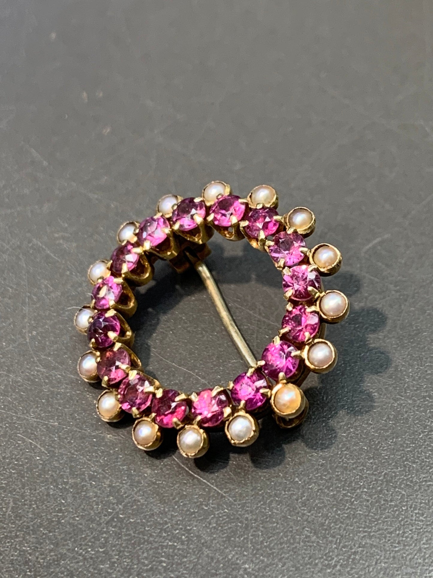 Victorian 14K Gold Open Circle Ruby and Pearl Brooch