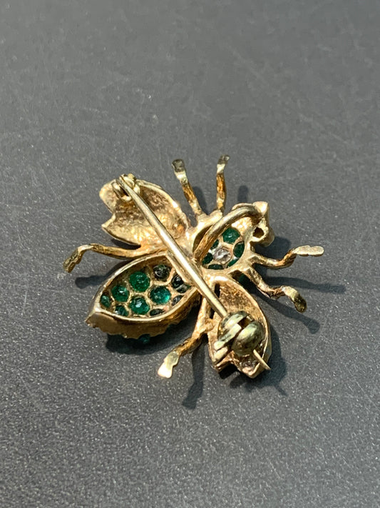 Vintage 14K Gold Emerald Diamond Bee Pendant Brooch