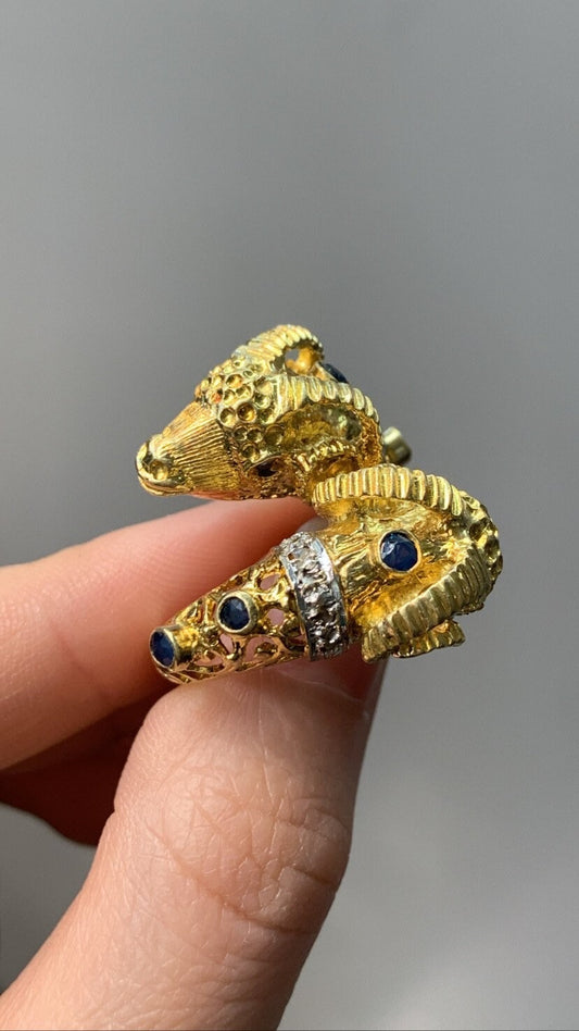 vintage 18K Or Saphir et Diamant Ram Ring Taille 6