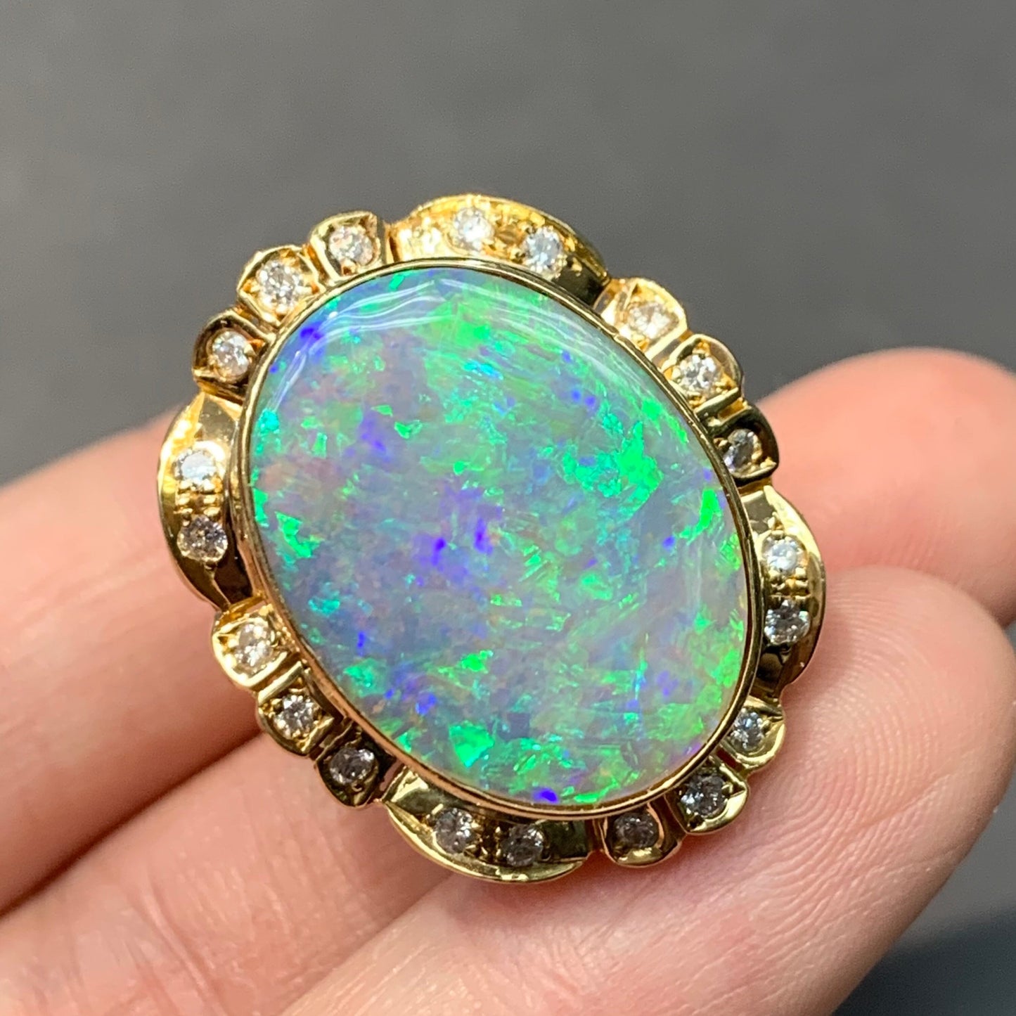 Vintage 18K Yellow Gold Natural Australian Opal And Diamond Ring