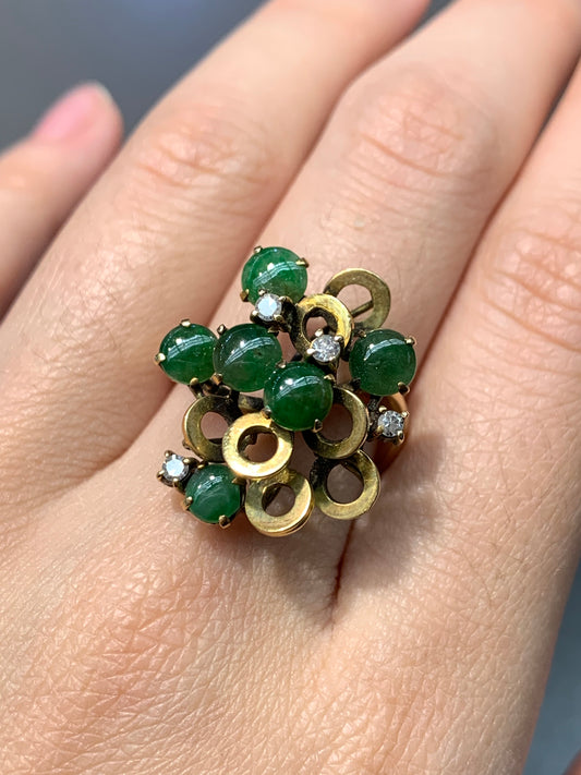 Vintage 18K Gold Cabochon Jade and Diamonds Spiral Statement Ring